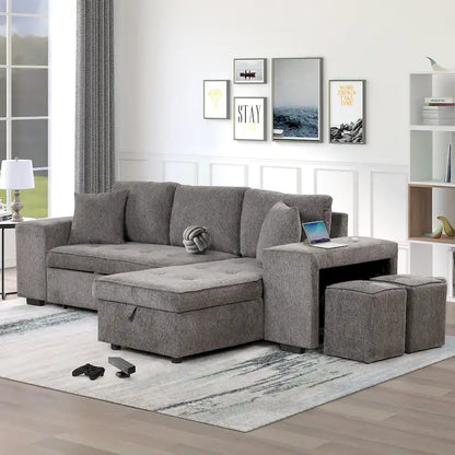 104  Modern L-Shape 3 Seat Reversible Sectional Couch, Pull Out Sleeper Sofa with Storage Chaise and 2 Stools