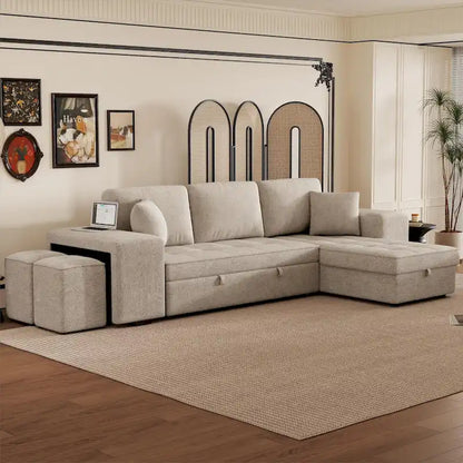 104  Modern L-Shape 3 Seat Reversible Sectional Couch, Pull Out Sleeper Sofa with Storage Chaise and 2 Stools