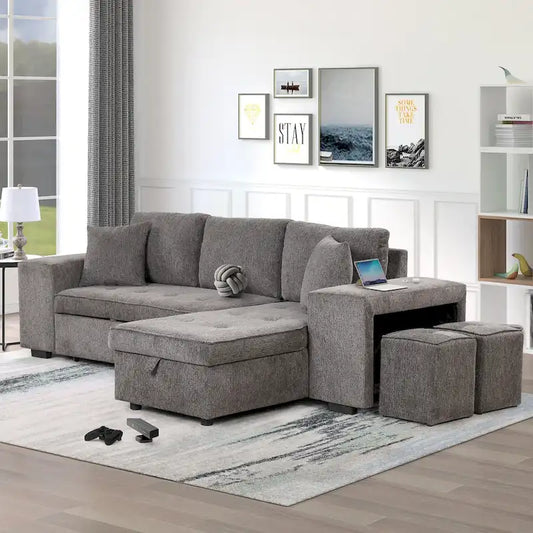 104  Modern L-Shape 3 Seat Reversible Sectional Couch, Pull Out Sleeper Sofa with Storage Chaise and 2 Stools