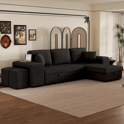 104  Modern L-Shape 3 Seat Reversible Sectional Couch, Pull Out Sleeper Sofa with Storage Chaise and 2 Stools