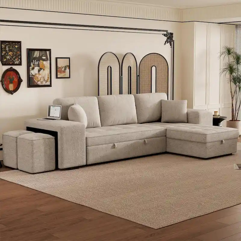 104  Modern L-Shape 3 Seat Reversible Sectional Couch, Pull Out Sleeper Sofa with Storage Chaise and 2 Stools