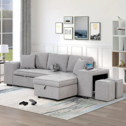 104  Modern L-Shape 3 Seat Reversible Sectional Couch, Pull Out Sleeper Sofa with Storage Chaise and 2 Stools