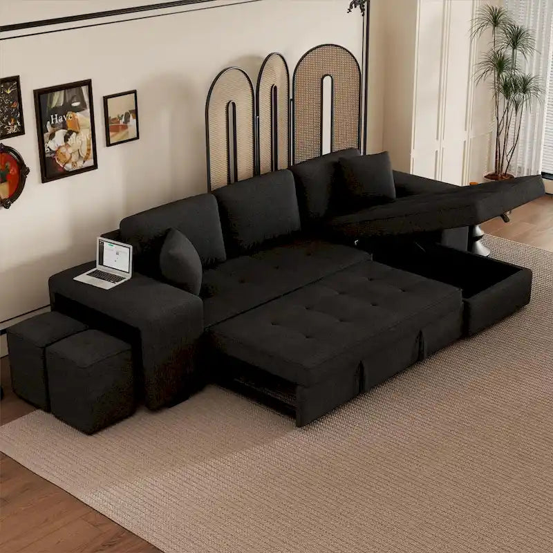 104  Modern L-Shape 3 Seat Reversible Sectional Couch, Pull Out Sleeper Sofa with Storage Chaise and 2 Stools
