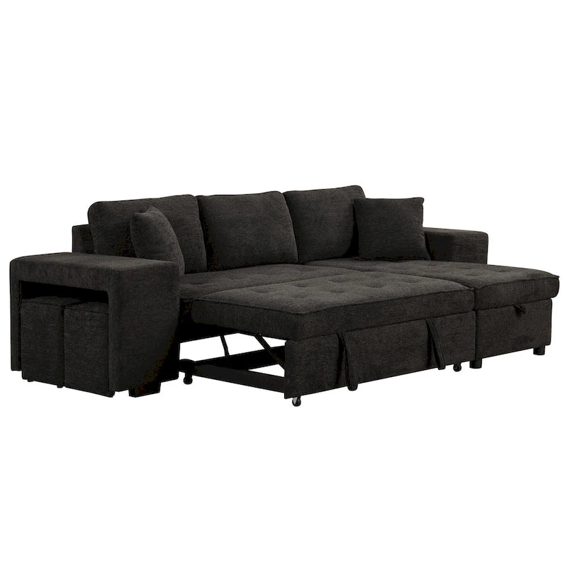 104  Modern L-Shape 3 Seat Reversible Sectional Couch, Pull Out Sleeper Sofa with Storage Chaise and 2 Stools