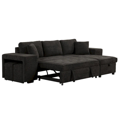 104  Modern L-Shape 3 Seat Reversible Sectional Couch, Pull Out Sleeper Sofa with Storage Chaise and 2 Stools