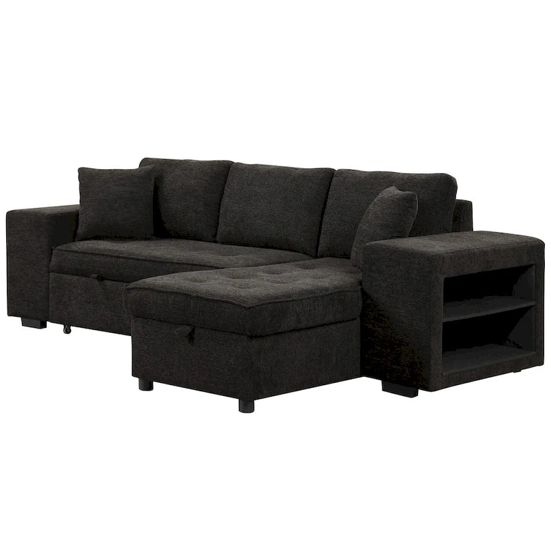 104  Modern L-Shape 3 Seat Reversible Sectional Couch, Pull Out Sleeper Sofa with Storage Chaise and 2 Stools
