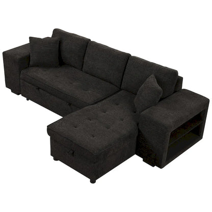 104  Modern L-Shape 3 Seat Reversible Sectional Couch, Pull Out Sleeper Sofa with Storage Chaise and 2 Stools