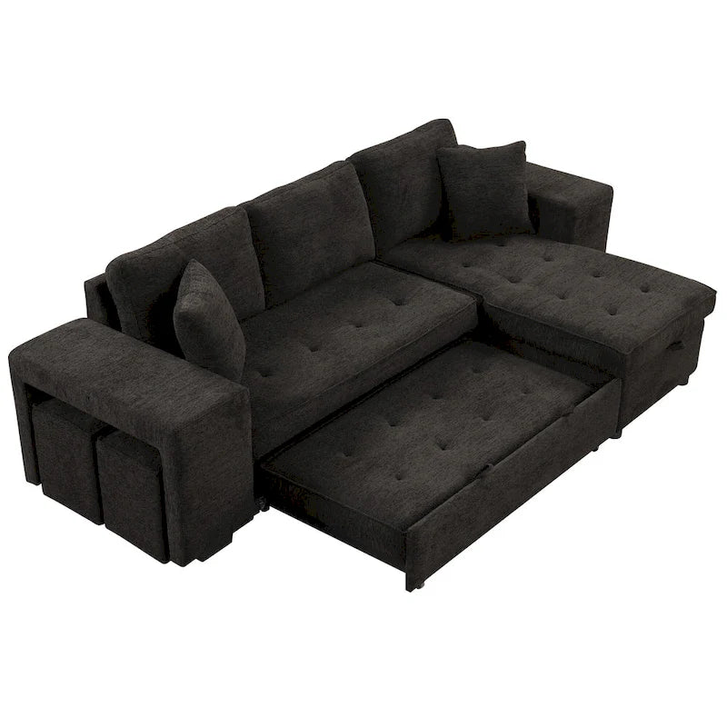 104  Modern L-Shape 3 Seat Reversible Sectional Couch, Pull Out Sleeper Sofa with Storage Chaise and 2 Stools
