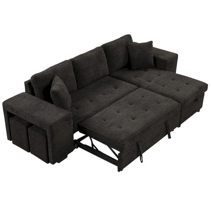 104  Modern L-Shape 3 Seat Reversible Sectional Couch, Pull Out Sleeper Sofa with Storage Chaise and 2 Stools