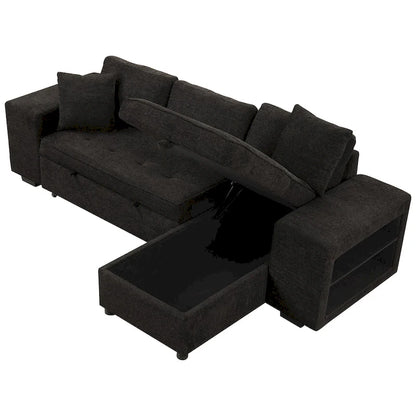 104  Modern L-Shape 3 Seat Reversible Sectional Couch, Pull Out Sleeper Sofa with Storage Chaise and 2 Stools
