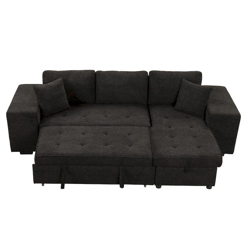 104  Modern L-Shape 3 Seat Reversible Sectional Couch, Pull Out Sleeper Sofa with Storage Chaise and 2 Stools