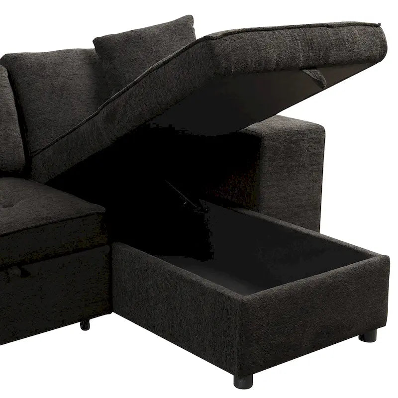 104  Modern L-Shape 3 Seat Reversible Sectional Couch, Pull Out Sleeper Sofa with Storage Chaise and 2 Stools