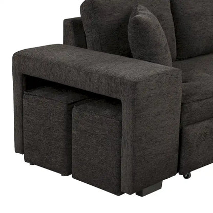 104  Modern L-Shape 3 Seat Reversible Sectional Couch, Pull Out Sleeper Sofa with Storage Chaise and 2 Stools