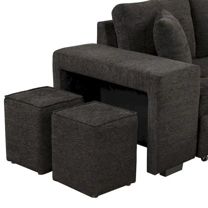 104  Modern L-Shape 3 Seat Reversible Sectional Couch, Pull Out Sleeper Sofa with Storage Chaise and 2 Stools