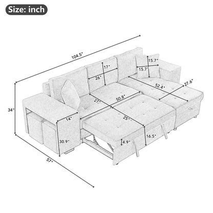 104  Modern L-Shape 3 Seat Reversible Sectional Couch, Pull Out Sleeper Sofa with Storage Chaise and 2 Stools
