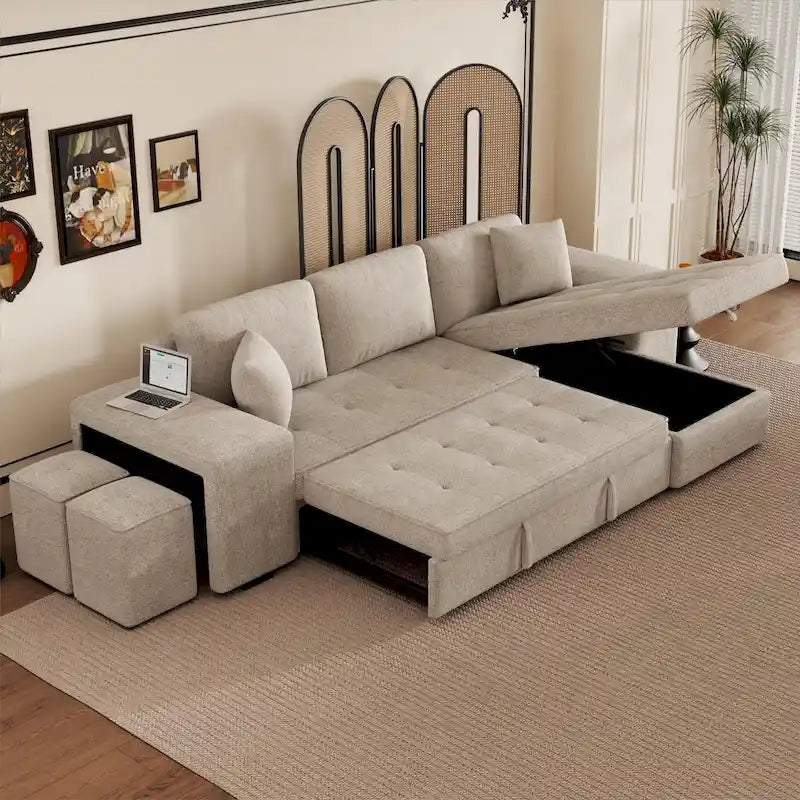104  Modern L-Shape 3 Seat Reversible Sectional Couch, Pull Out Sleeper Sofa with Storage Chaise and 2 Stools