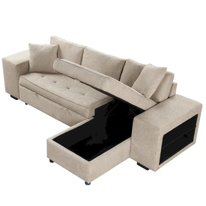 104  Modern L-Shape 3 Seat Reversible Sectional Couch, Pull Out Sleeper Sofa with Storage Chaise and 2 Stools