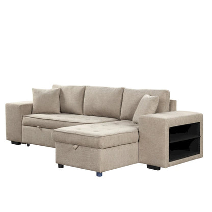 104  Modern L-Shape 3 Seat Reversible Sectional Couch, Pull Out Sleeper Sofa with Storage Chaise and 2 Stools
