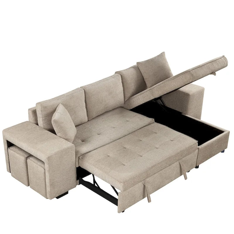 104  Modern L-Shape 3 Seat Reversible Sectional Couch, Pull Out Sleeper Sofa with Storage Chaise and 2 Stools
