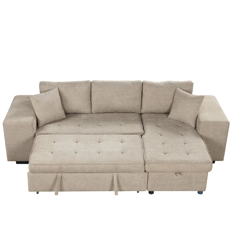 104  Modern L-Shape 3 Seat Reversible Sectional Couch, Pull Out Sleeper Sofa with Storage Chaise and 2 Stools