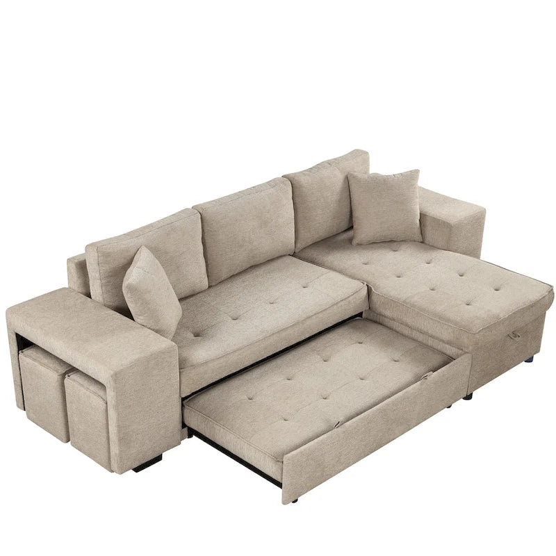 104  Modern L-Shape 3 Seat Reversible Sectional Couch, Pull Out Sleeper Sofa with Storage Chaise and 2 Stools