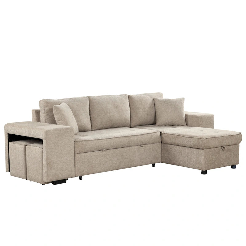104  Modern L-Shape 3 Seat Reversible Sectional Couch, Pull Out Sleeper Sofa with Storage Chaise and 2 Stools