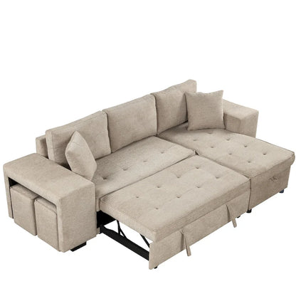 104  Modern L-Shape 3 Seat Reversible Sectional Couch, Pull Out Sleeper Sofa with Storage Chaise and 2 Stools