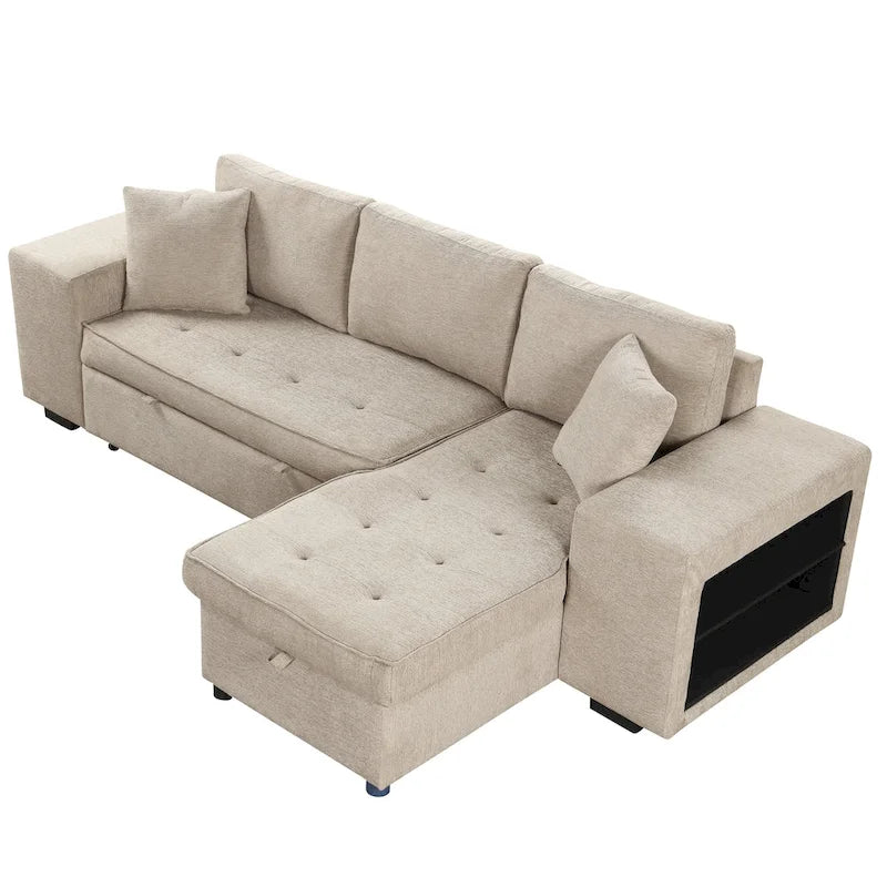 104  Modern L-Shape 3 Seat Reversible Sectional Couch, Pull Out Sleeper Sofa with Storage Chaise and 2 Stools