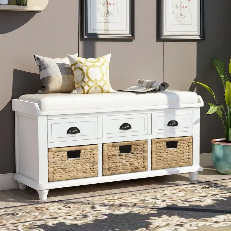 Rustic Storage Bench with 3 Drawers and 3 Rattan Baskets, Shoe Bench for Living Room, Entryway