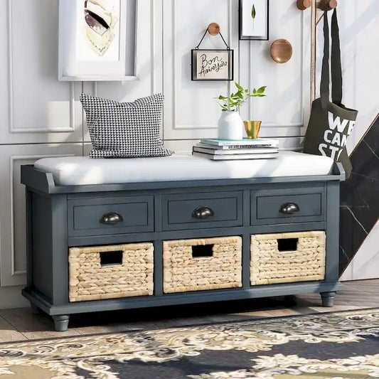 Rustic Storage Bench with 3 Drawers and 3 Rattan Baskets, Shoe Bench for Living Room, Entryway