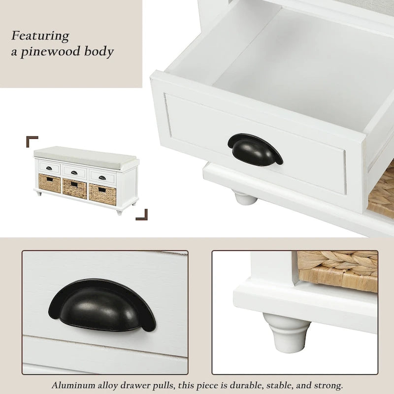 Rustic Storage Bench with 3 Drawers and 3 Rattan Baskets, Shoe Bench for Living Room, Entryway