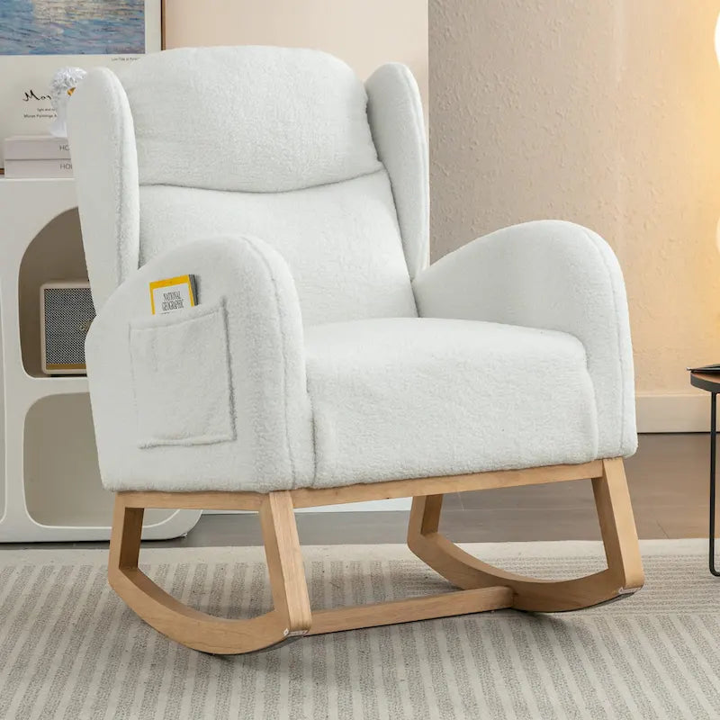 Teddy Fabric Rocking Chair With Packet Wood Legs For Living Room