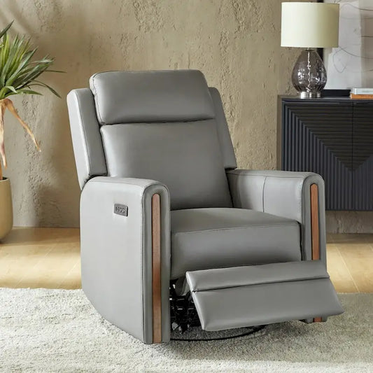 Jaime Modern Genuine Leather Rocking Swivel Power Recliner with Adjustable Headrest and Footrest by HULALA HOME