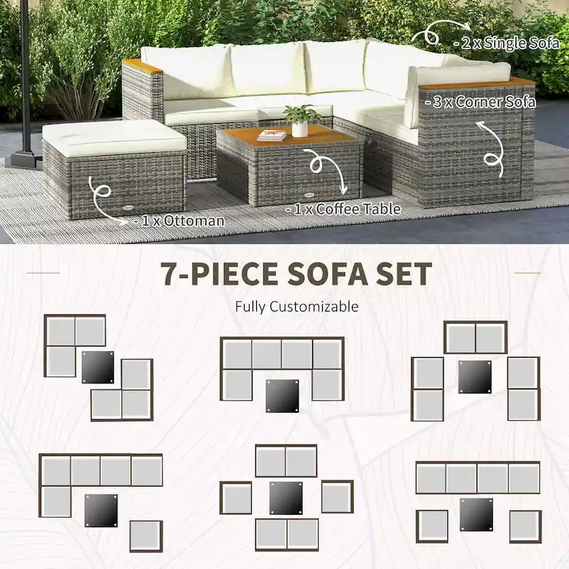 Outsunny Patio Wicker Furniture Set with Cushion, 7 Pieces Outdoor PE Rattan Sectional Sofa with Adjustable Backrest Seat Panel