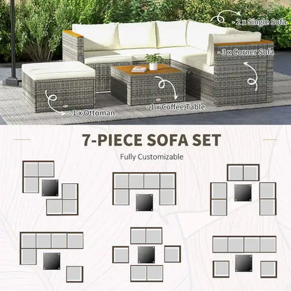 Outsunny Patio Wicker Furniture Set with Cushion, 7 Pieces Outdoor PE Rattan Sectional Sofa with Adjustable Backrest Seat Panel