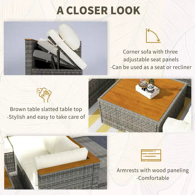 Outsunny Patio Wicker Furniture Set with Cushion, 7 Pieces Outdoor PE Rattan Sectional Sofa with Adjustable Backrest Seat Panel