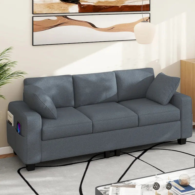 Moasis 80  3-seater Upholstered Sofa 2 Pillows Couches with Side Pockets for Living Room