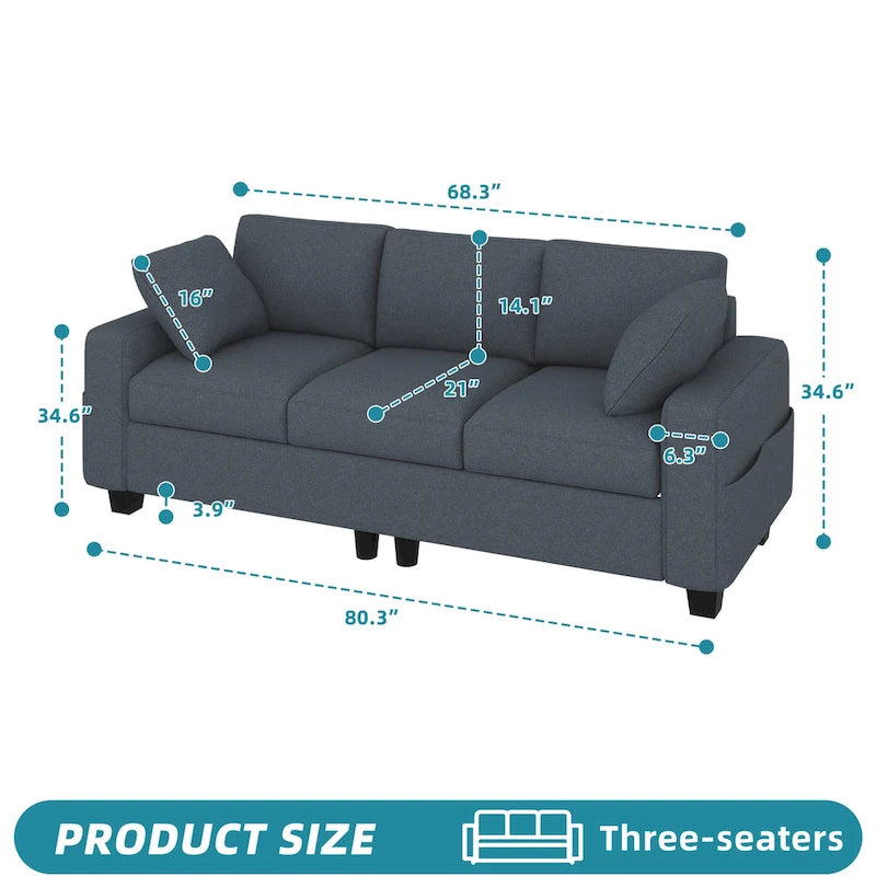 Moasis 80  3-seater Upholstered Sofa 2 Pillows Couches with Side Pockets for Living Room