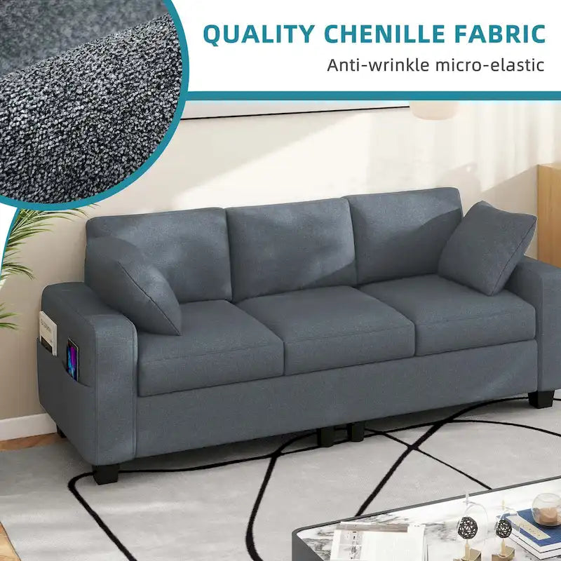 Moasis 80  3-seater Upholstered Sofa 2 Pillows Couches with Side Pockets for Living Room