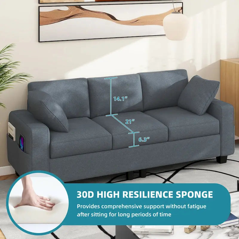 Moasis 80  3-seater Upholstered Sofa 2 Pillows Couches with Side Pockets for Living Room