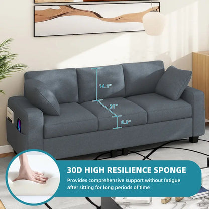 Moasis 80  3-seater Upholstered Sofa 2 Pillows Couches with Side Pockets for Living Room