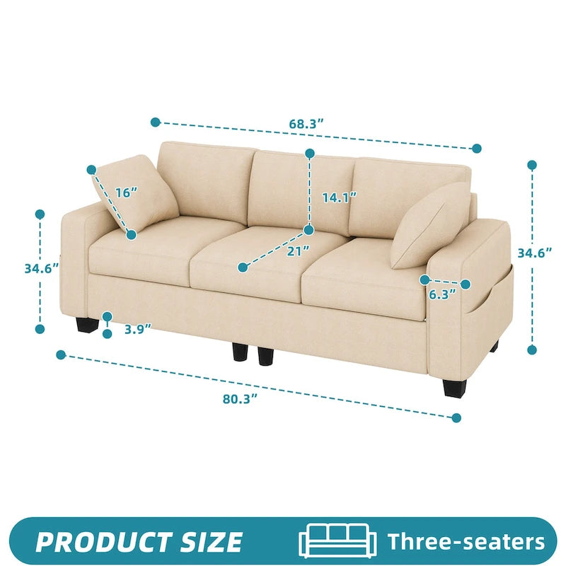 Moasis 80  3-seater Upholstered Sofa 2 Pillows Couches with Side Pockets for Living Room