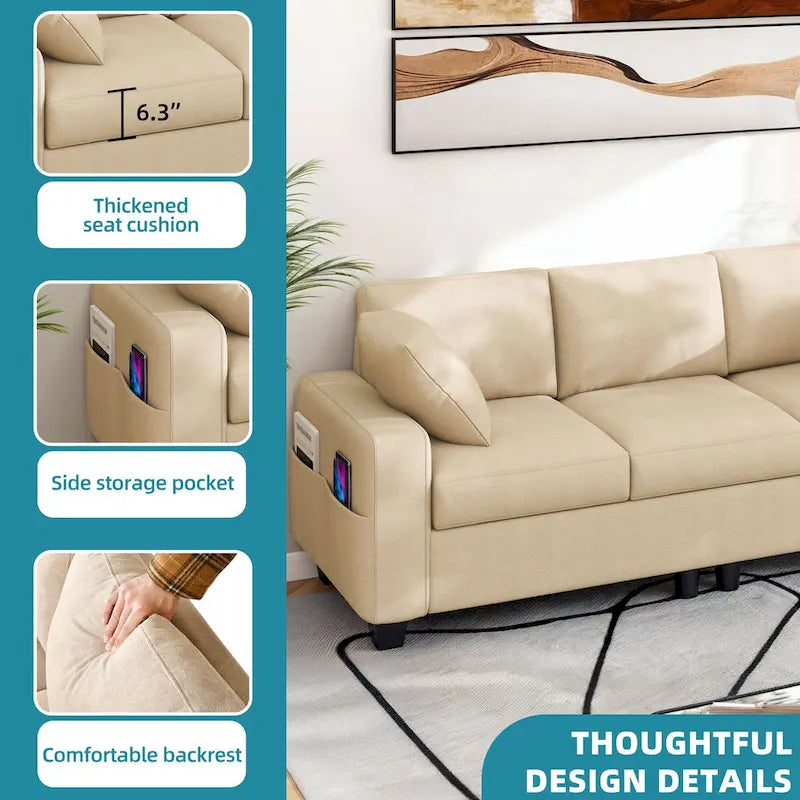 Moasis 80  3-seater Upholstered Sofa 2 Pillows Couches with Side Pockets for Living Room