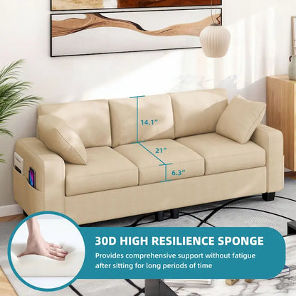 Moasis 80  3-seater Upholstered Sofa 2 Pillows Couches with Side Pockets for Living Room