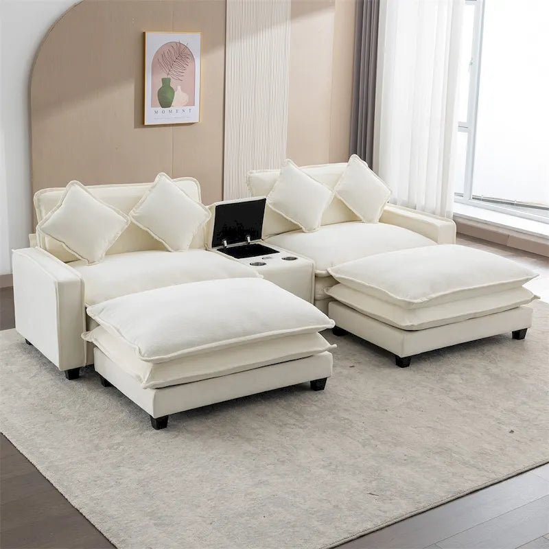112.6  Chenille Upholstered Sectional Sofa with 2 Removable Ottoman