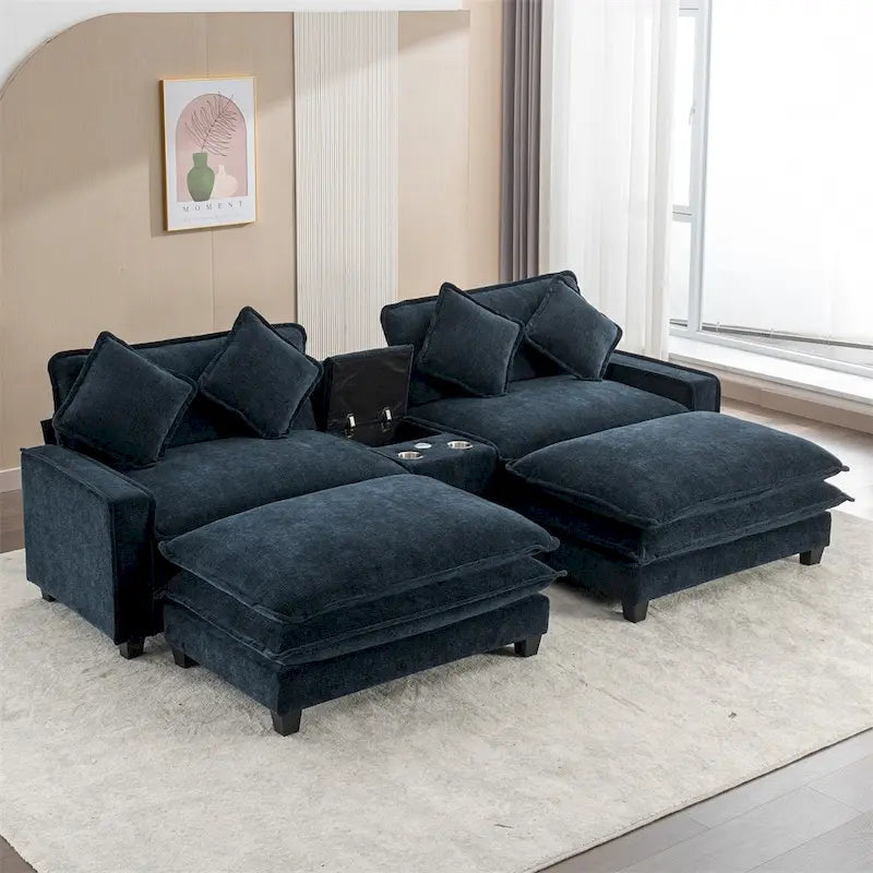 112.6  Chenille Upholstered Sectional Sofa with 2 Removable Ottoman