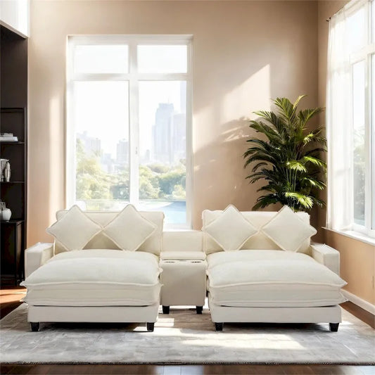 112.6  Chenille Upholstered Sectional Sofa with 2 Removable Ottoman