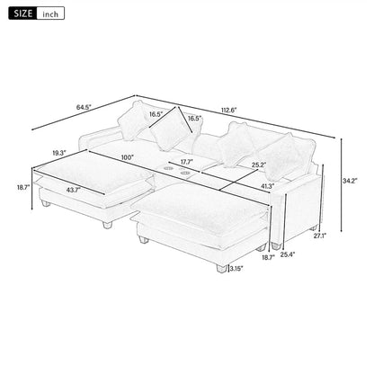 112.6  Chenille Upholstered Sectional Sofa with 2 Removable Ottoman
