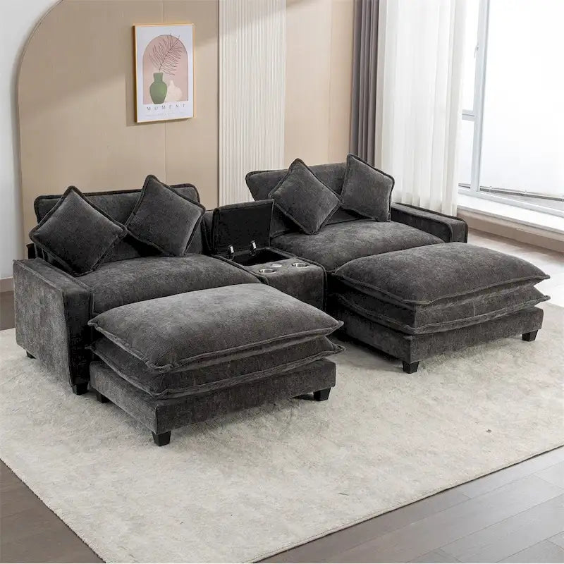 112.6  Chenille Upholstered Sectional Sofa with 2 Removable Ottoman