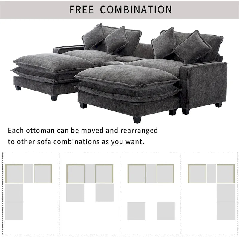 112.6  Chenille Upholstered Sectional Sofa with 2 Removable Ottoman